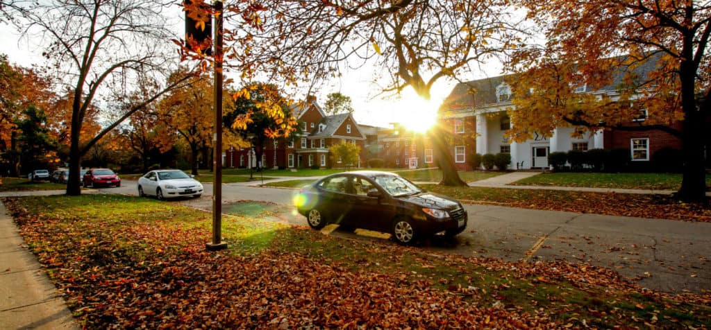 Image of a street in autumn, with leaves on the ground, a parked car and some houses.
