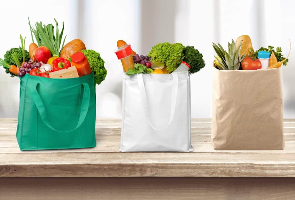 recyclable, reusable shopping bags filled with groceries